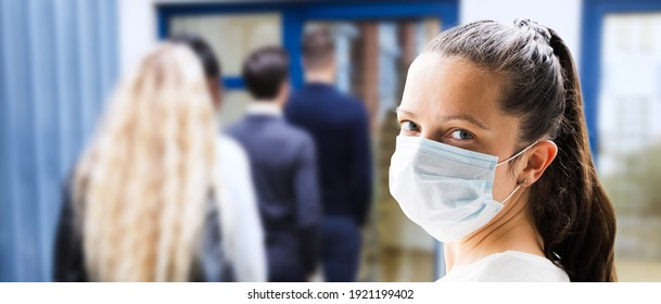 Covid Queue Wearing Face Mask Or Facemask