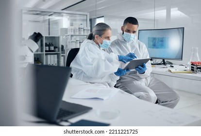 Covid Research, Tablet And Science With A Man And Woman Scientist Working In A Lab For Innovation And Healthcare. Medical, Internet And Analytics With A Medicine Team At Work In A Laboratory