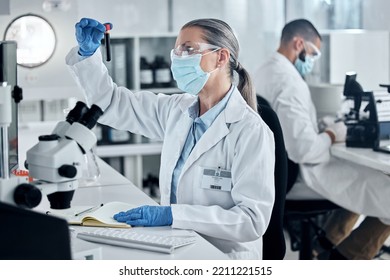 Covid, Science Or Blood Research With Woman Scientist Working With Test Tube In Lab On DNA For Innovation, Vaccine Or Cure. Healthcare, Medicine Or Analytics With Doctor At Work In Medical Laboratory