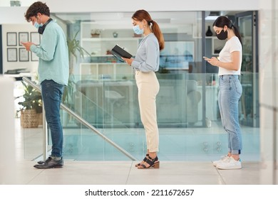 Covid, screening and queue with people waiting in line to enter an office for work with regulations and restrictions. A business man and women standing in a row during the corona virus pandemic - Shutterstock ID 2211672657
