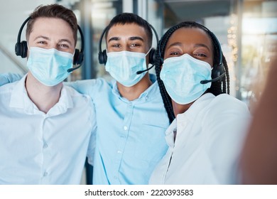 Covid, Selfie And Call Center Masks On Face Of Happy Staff For Pandemic Protection At Telemarketing Company. Customer Service Support, Group Portrait And Covid 19 Staff Working In CRM Business Office