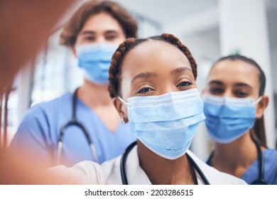 Covid, Selfie And Medical Healthcare Team Happy About Teamwork In A Hospital Or Clinic. Portrait Of A Black Woman Doctor With Nurse Group Together Ready To Start On Employee Collaboration Or Surgery