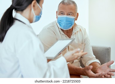 Covid, Senior Patient And Doctor With Tablet, Discussion For Medical Results And Appointment In Hospital. Mockup, Medical Professional And Man With Mask Talk, Speaking And Consultation For Healthcare