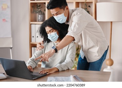 Covid, Sexual Harassment And Business People On Laptop With Mask For Health, Safety Or Corona Virus. Teamwork, Training Or Team On Tech Computer On Office Desk Working On A Project, Task Or Email.