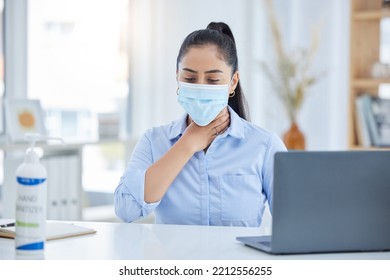 Covid, Sick And Face Mask Woman At Work In Company Office Or Workplace. Business Worker With Health, Safety Or Female Flu, Sick Or Global Healthcare Corona Virus Infection And Throat Pain At Table