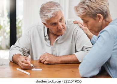 Covid, Test And Stress With A Senior Couple Using A Rapid Antigen Kit At Home With Anxiety About The Results. Fear, Worry And Healthcare With An Elderly Man And Woman Worried About Their Health