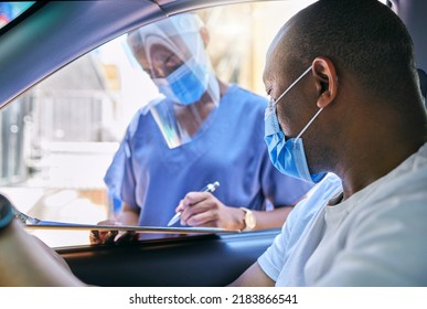 Covid Testing Centre And Drive Thru Service For Patients With Coronavirus Or Getting Vaccine. African Man In Car Wearing A Protective Face Mask To Avoid Contact With Medical Worker Asking Questions