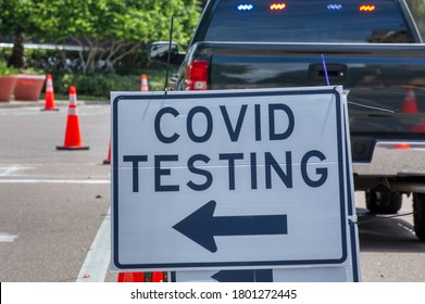Covid Testing Sign On A Barricade In The Street In Florida.
