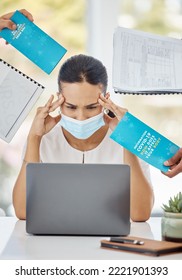 Covid, Tired Or Stress Of Woman At Laptop Overwhelmed With Information In Business Peoples Hands. Anxiety, Mask And Mental Health Concern Of Corporate Employee With Covid 19 Fatigue At Work.