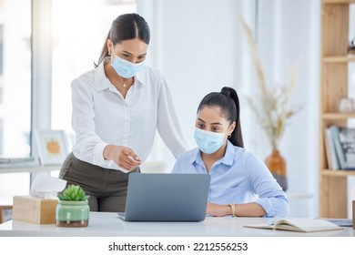 Covid, Training And Employees Talking With Laptop In An Office Together At Work. Corporate Workers Speaking About Strategy For Business, Reading Email And Working On A Proposal On A Pc With Face Mask