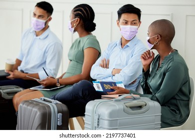 Covid, Travel And Compliance, Men And Women At Airport With Mask Waiting For An Airplane. Safety, Security And Diversity, A Group Of People, Ticket And Passport In Hand And Going On A Business Trip.