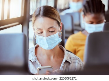 Covid, Travel And Woman With Mask On Bus With Phone With, Social Media, Communication Or Networking On Transport. Girl, Digital Or Mobile App For Safety Compliance, Health Or 5g Network Or Smartphone