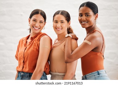 Covid Vaccination Or Flu Shot Inside Of Girl Friends, Female Friendship And Teenagers Smiling. Portrait Of A Happy And Diverse Friend Group Standing And Practicing Good Health Habits Together