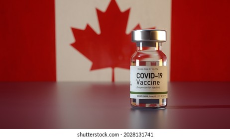 Covid Vaccine Bottle With The Canada Flag In The Background Corona Vaccine Ampule In Front Of A Canadian Flag Drapeau Canadien