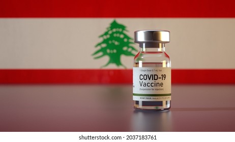 Covid Vaccine Bottle With The Lebanon Flag In The Background Corona Vaccine Ampule In Front Of A Lebanese Flag