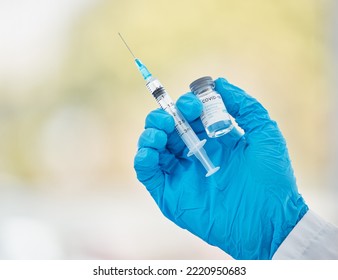 Covid Vaccine, Bottle And Needle In Hand For Medical Innovation, Safety And Compliance In Hospital, Clinic Or Laboratory. Covid 19 Vaccination Doctor Or Pharmacist For Corona Virus Healthcare Mock Up