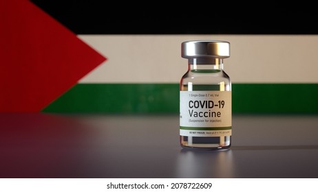 Covid Vaccine Bottle With The Palestine Flag In The Background Corona Vaccine Ampule In Front Of A Palestinian Flag