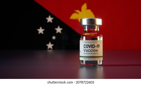 Covid Vaccine Bottle With The Papua New Guinea Flag In The Background Corona Vaccine Ampule In Front Of A Guinean Flag