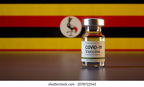 Covid Vaccine Bottle With The Uganda Flag In The Background Corona Vaccine Ampule In Front Of A Ugandan Flag