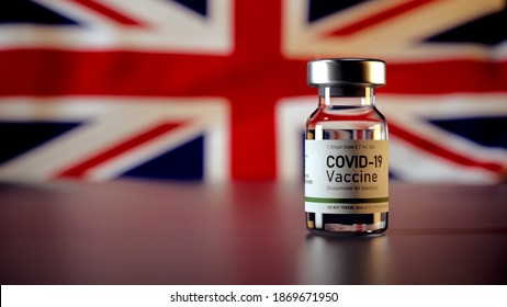 Covid Vaccine Bottle With The UK Flag In The Background Corona Vaccine Bottle In Front Of A UK Flag