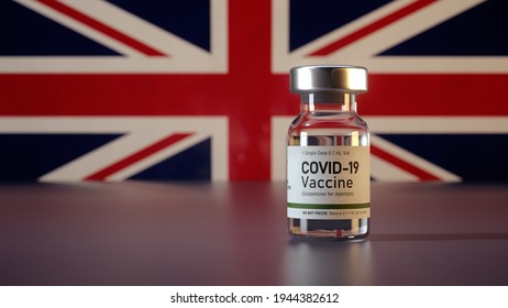 Covid Vaccine Bottle With The UK Flag In The Background Corona Vaccine Ampule In Front Of A UK Flag