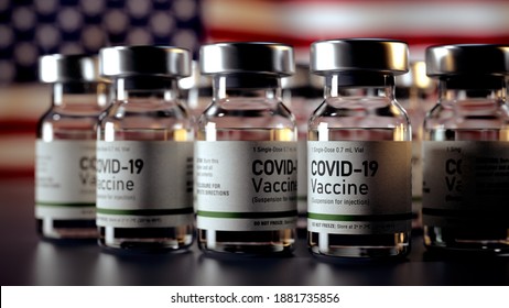 Covid Vaccine Bottles with American Flag in the Background Corona Vaccine Bottles in front of a USA Flag Covid Vaccine - Photo of COVID-19 Vaccines phials prepared for use in Covid-19 pandemic Ampule