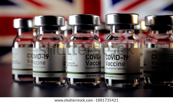 Covid Vaccine Bottles with\
the UK Flag in the Background Corona Vaccine Bottles in front of a\
UK Flag