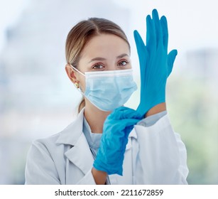 Covid Woman Doctor, Face Mask And Gloves Safety, Medicine And Risk In Medical Hospital, Laboratory And Clinic. Portrait Corona Virus Nurse, Healthcare Expert And Professional Therapist Ready In Ppe