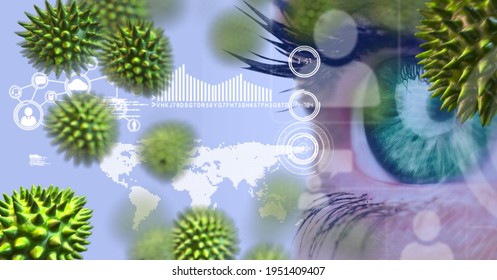Covid-19 cells and digital interface with data processing against close up of human eye. cyber security technology and coronavirus covid-19 pandemic concept