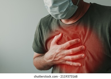 Covid-19 chest pain as infection symptom, man with respiratory mask holding a hand at his chest