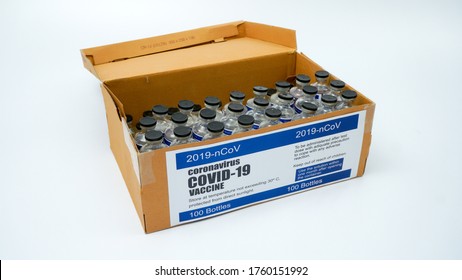 Covid-19 Corona Virus 2019-ncov SARS-CoV-2 Vaccine Medicine Drug Vials Bottles Syringe Box. Vaccination, Immunization, Treatment To Cure Covid 19 Corona Virus Infection Concept. White Background.