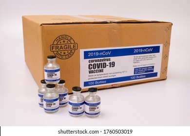 Covid-19 Corona Virus 2019-ncov SARS-CoV-2 Vaccine Medicine Drug Vials Bottles Syringe Box. Vaccination, Immunization, Treatment To Cure Covid 19 Corona Virus Infection Concept. White Background. Bulk