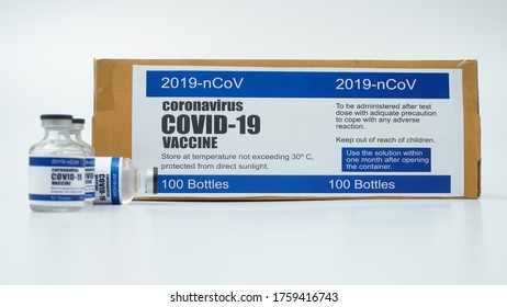 Covid-19 Corona Virus 2019-ncov Vaccine Vials Medicine Drug Bottles Syringe Injection Box. Vaccination, Immunization, Treatment To Cure Covid 19 Corona Virus Infection. Medical Concept.