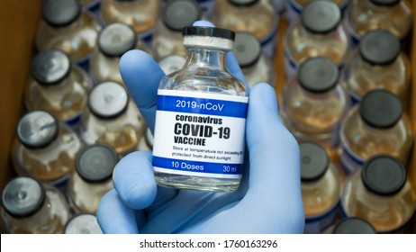 Covid-19 Corona Virus 2019-ncov Vaccine Vials Medicine Drug Bottles Injection Blue Nitrile Surgical Gloves Box. Vaccination, Immunization, Treatment To Cure Covid 19 Corona Virus Infection Concept.