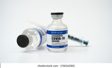 Covid-19 Corona Virus 2019-ncov Vaccine Vials Medicine Drug Bottles Syringe Injection. Vaccination, Immunization, Treatment To Cure Covid 19 Corona Virus Infection. Healthcare And Medical Concept.