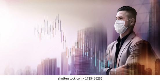 Covid-19 Or Corona Virus Situation In Business. Businessman With Surgical Mask Looking Away. Financial Or Economy Crisis Concept. Stock Marketing Graph Is Going Crash And Down