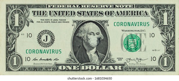 COVID-19 coronavirus in America. One dollar banknote with Franklin in a medical mask. The global financial and economic crisis has affected USA. American money, coronavirus concept. Realistic montage
