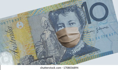 COVID-19 coronavirus in Australia, Australian dollar money with face mask. COVID global stock market affection. World economy hit by corona virus outbreak. Financial crisis and coronavirus pandemic