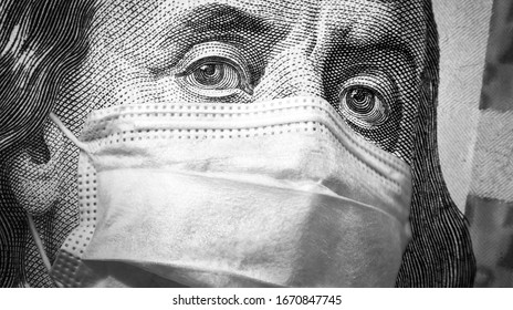 COVID-19 coronavirus, finance and crisis concept, US president Franklin's eyes and face mask on 100 dollar money bill. Corona virus affects global stock market. World economy hit by pandemic fears. 
