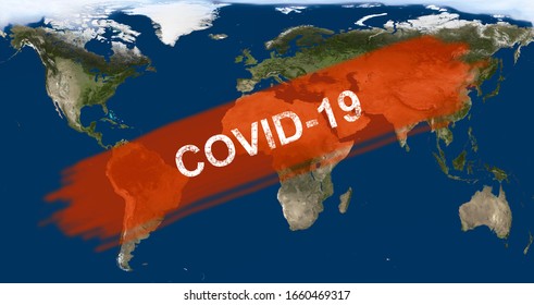 Coronavirus-Epidemie, Wort COVID-19 auf der globalen Karte. Neuartige Ausbrüche des Coronavirus in China. Die Ausbreitung des Corona-Virus in der Welt. Infektionskonzept COVID-19. Elemente dieses von der NASA bereitgestellten Bildes.