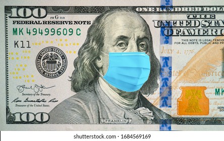 COVID-19 Coronavirus In USA, 100 Dollar Money Bill With Face Mask. Crisis And Finance Concept