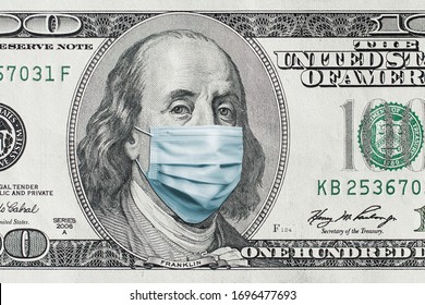 COVID-19 coronavirus in USA. Hundred golden dollar money bill with face mask.