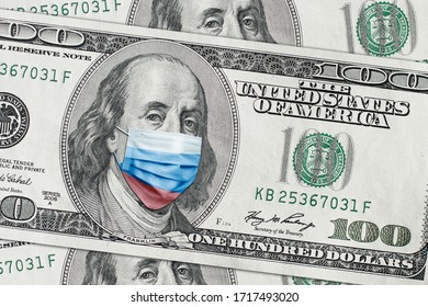 COVID-19 Coronavirus In USA. Hundred Golden Dollar Money Bill With Face Mask.