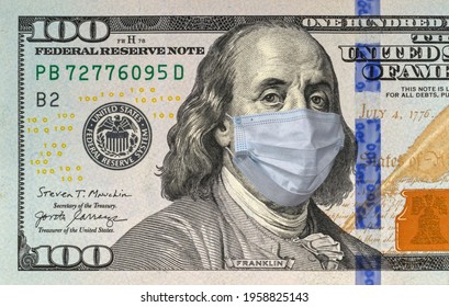 COVID-19 coronavirus in the USA and the world. Blue medical mask on Benjamin Franklin's face on a hundred-dollar bill. The concept of protecting money from the crisis. - Shutterstock ID 1958825143