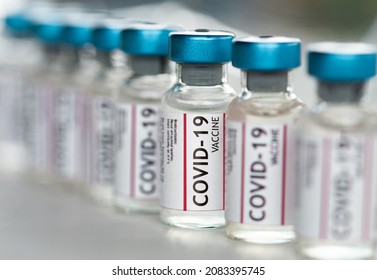 Covid-19 Coronavirus Vaccine Vials In A Row Macro Close Up