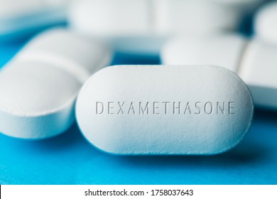 COVID-19 Corticosteroid Medication Drug DEXAMETHASONE,pile Of White Pills With Letters Engraved On Side,potential Experimental WHO Coronavirus Cure,pandemic Outbreak Crisis,US Antiviral Clinical Trial