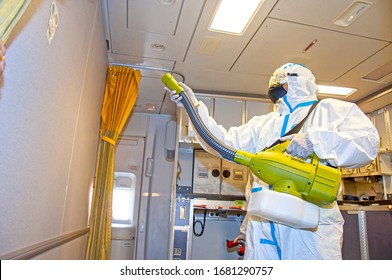 Covid-19 Disease Virus Prevention. Airlines Interior Cabin Deep Cleaning For Coronavirus.