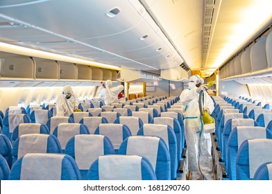Covid-19 disease virus prevention. Airlines interior cabin deep cleaning for coronavirus.