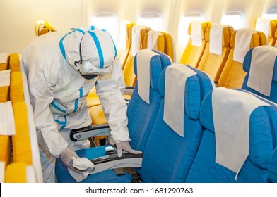 Covid-19 Disease Virus Prevention. Airlines Interior Cabin Deep Cleaning For Coronavirus.