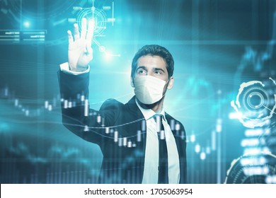 COVID-19 And The Global Economy. A Modern Businessman In A Medical Mask Manages Business Processes Using Digital Technology. Remote Business. 